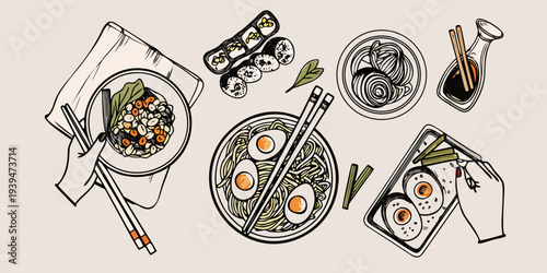 A collection of japanese and asian noodle dishes in a sketch style
