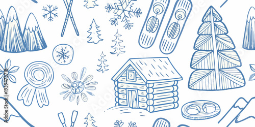 Winter themed doodles including mountains snowflakes and a cozy cabin