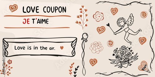 A whimsical love coupon design with romantic illustrations and french text
