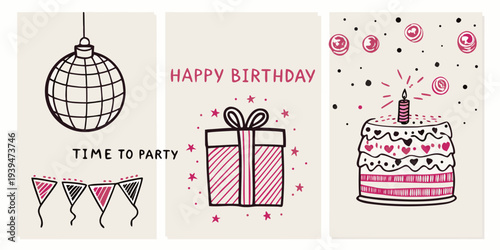 Festive birthday illustration featuring a disco ball cake and gift