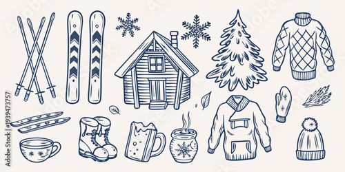 Winter scene with skis cabin and cozy seasonal elements