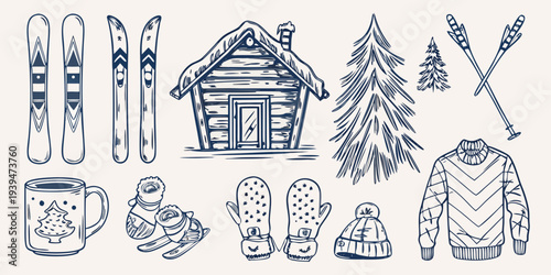Winter scene with skis cabin and cozy elements in a sketch style