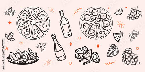 A whimsical illustration of cheese wine and fruit for a picnic