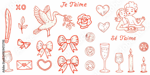 Hand drawn romantic doodles including hearts doves and champagne glasses