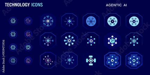 A collection of futuristic geometric technology icons in shades of blue