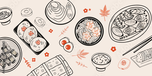 A flat lay illustration of various traditional japanese food items