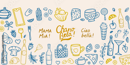 Hand drawn doodle illustration featuring food drinks and italian phrases