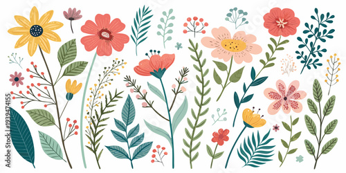 cute and elegant floral arrangement with colorful flowers and lush greenery flat vector