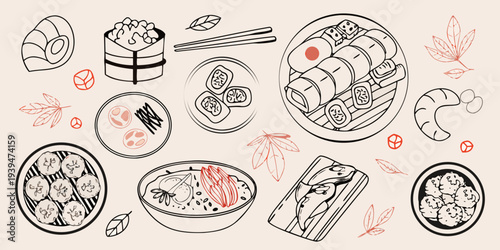 A flat lay illustration of various traditional asian dim sum dishes