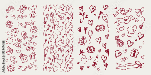 Hand drawn doodles of hearts gifts and celebratory items in red