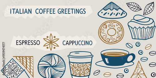Italian coffee drinks and sweets illustrated with decorative elements