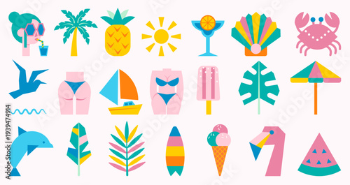 Big geometric summer collection with tropical icons including woman in sunglasses, palm tree, pineapple, sun, cocktails, sea animals, surfboard, and beach food in bright flat style