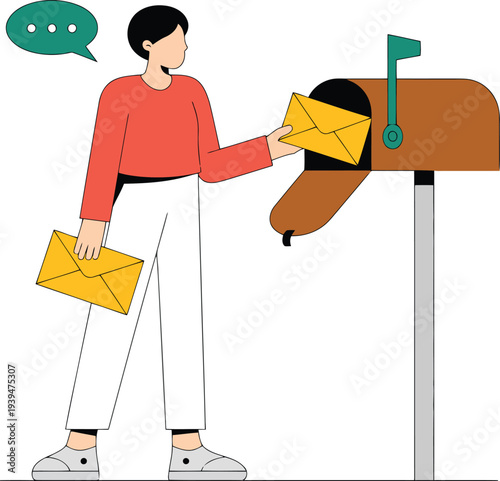 Woman sending letter through mailbox with envelope