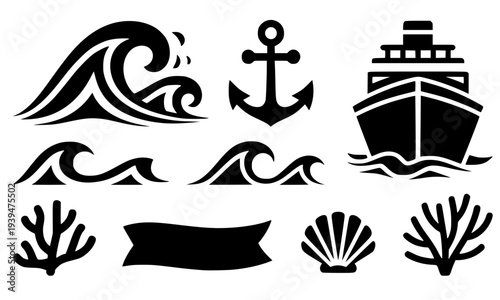 A bold set of nine black nautical and ocean themed icons featuring waves, anchor, ship, coral, seashells, and banner, isolated on white background, perfect for marine, sailing, and sea design concepts