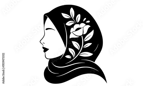 An elegant black silhouette illustration of a beautiful Muslim woman wearing a floral decorated hijab in profile view, isolated on white background, perfect for Islamic, fashion, and cultural design 