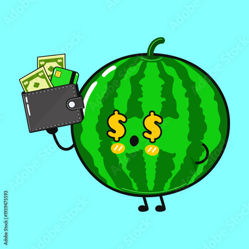 Watermelon character holding wallet filled with money with dollar sign eyes