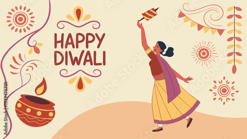 Happy Diwali festival vector illustration with Indian woman flying a kite, traditional diya lamp, and decorative elements on a light background, perfect for banners and greeting cards.
