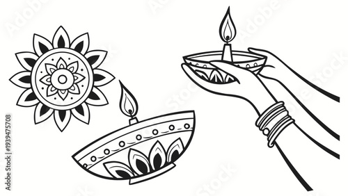 Black and white vector illustration of traditional Indian Diwali festival elements, featuring two lit diya oil lamps and a decorative rangoli flower design