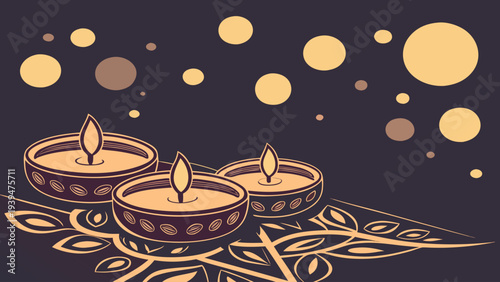 Elegant Diwali festival vector illustration featuring three lit oil lamps (diyas) with decorative patterns and glowing bokeh lights on a dark background