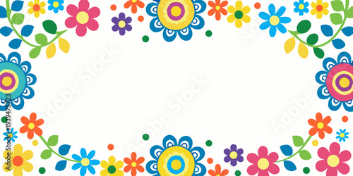 Colorful floral border with various stylized flowers and green stems