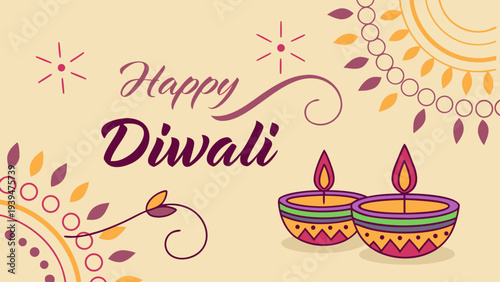 Happy Diwali festival banner with traditional Indian patterns, decorative elements, and two lit diya oil lamps on a light beige background, vector illustration.