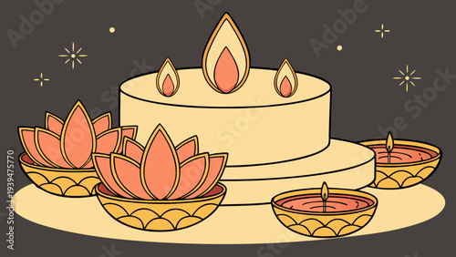 Elegant Diwali festival celebration vector illustration with traditional lotus flower lamps and burning candles on a tiered platform, perfect for cultural holiday designs.