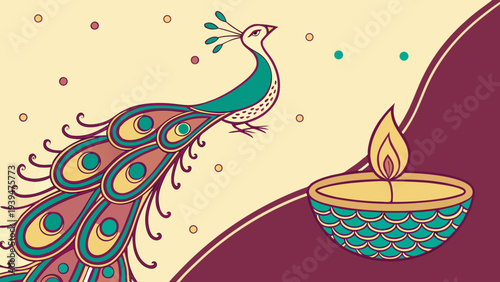 Elegant Peacock and Traditional Diya Lamp Vector Illustration for Diwali Festival Celebrations and Indian Cultural Designs