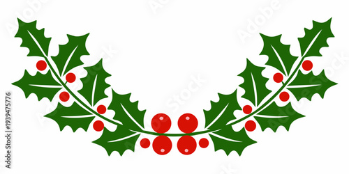 A symmetrical arrangement of green holly leaves and bright red berries