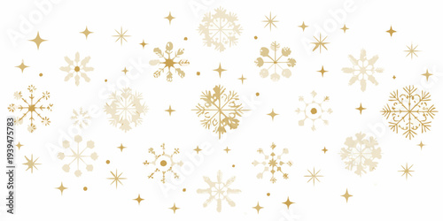 Golden snowflakes and stars scattered across a white background
