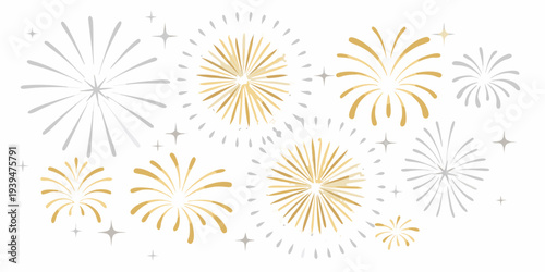 Golden fireworks display with sparkling stars against a white background