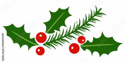 A decorative sprig of holly with vibrant green leaves and red berries