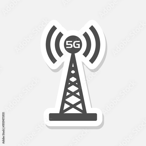  5G antenna tower transmitter icon sticker isolated on gray background