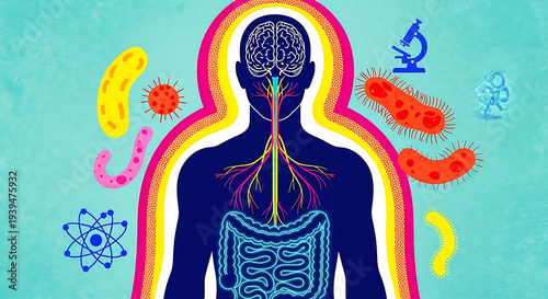 Human body microbiome concept with gut brain connection, colorful illustration