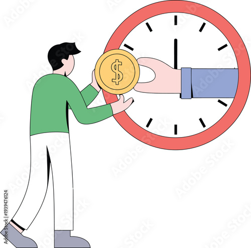 Man exchanging gold coin with hand coming out of clock