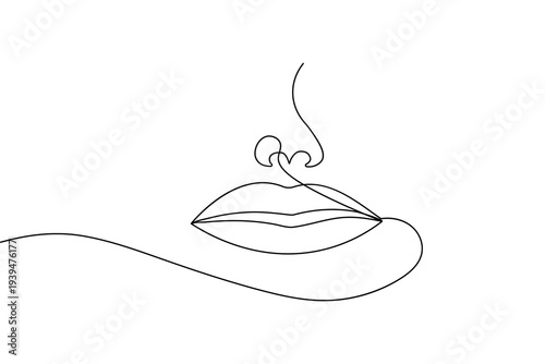 Minimalist continuous one line drawing of human lips with nose. Elegant black line art on white background, perfect for beauty, fashion, and modern decor concepts.