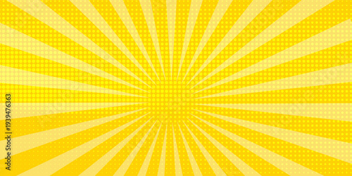 Yellow abstract background with light of sunburst. yellow starburst with halftone. sun ray retro background with flash pattern art