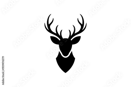 A minimalist black silhouette of a deer head with antlers on a white background