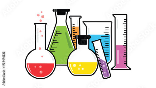 Colorful laboratory glassware set with liquids in various flasks and test tubes
