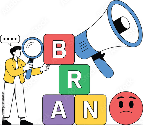 Man analyzing brand strategy with colorful letter blocks and megaphone