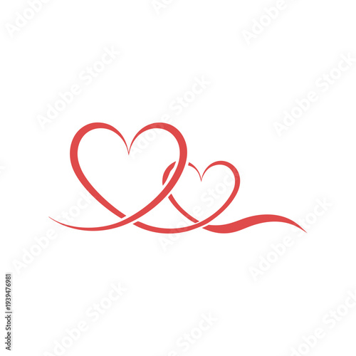 Two red heart shapes intertwined with flowing lines on white background love hearts