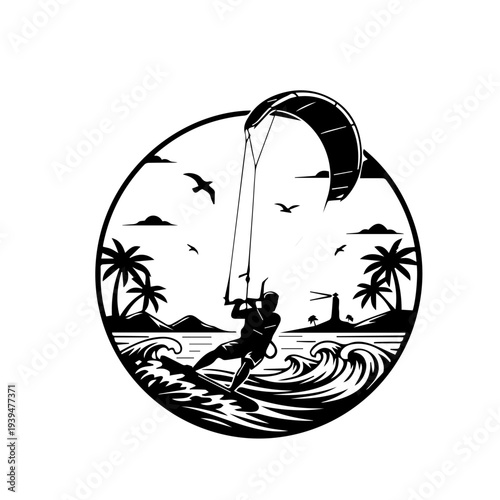 Untitled-57.aiKitesurfing on Tropical Beach Silhouette Vector Illustration – Ocean Water Sport Adventure Design