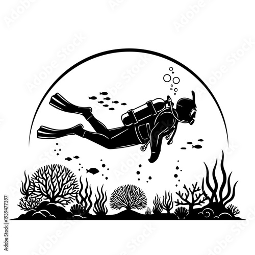 Untitled-60.aiScuba Diver Underwater Reef Silhouette Vector Illustration – Ocean Diving Marine Life Design