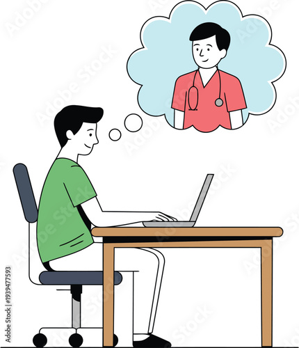 Man thinking of doctor while working on laptop at desk