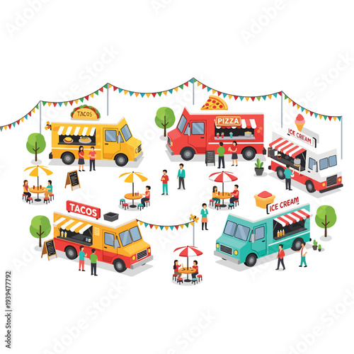 Colorful Food Trucks Gathering People Together.