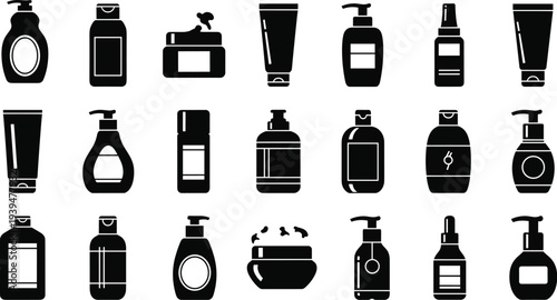Cosmetic Bottle and Skincare Packaging Icon Set Lotion Pump Cream Jar Tube Beauty Product Container Silhouette Vector Illustration Collection