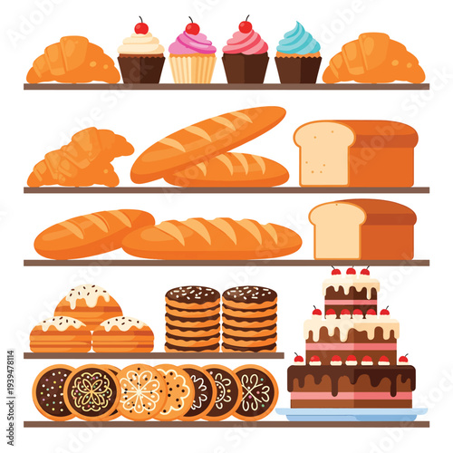 Assorted Baked Goods on Shelves Display.