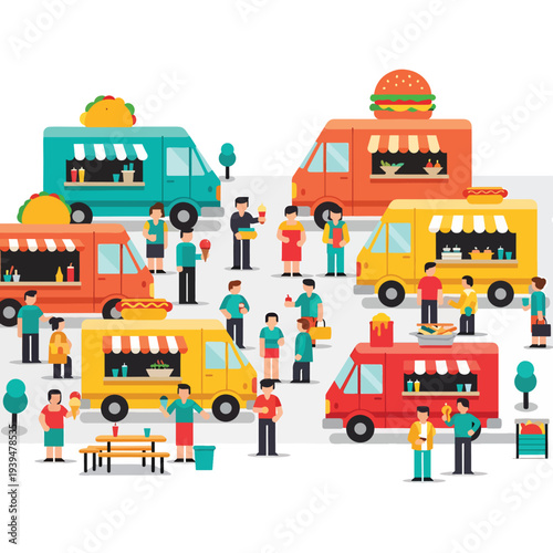 Colorful Food Trucks and People Gathering.