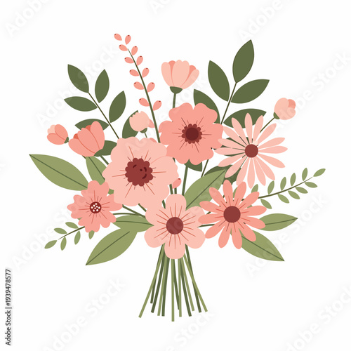 Beautiful Pink Flowers Bouquet with Leaves.