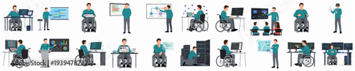 Flat Style Various Poses Businessman in Wheelchair Office Work Illustration