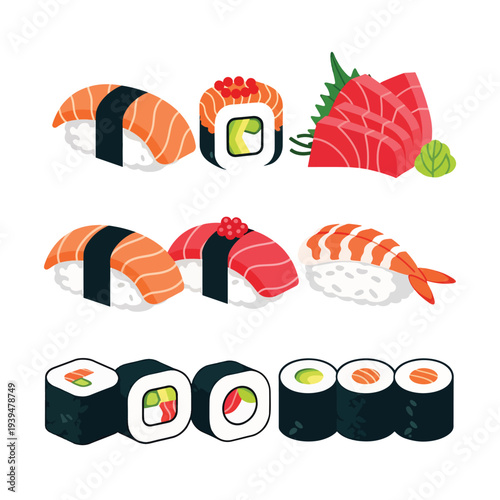 Assorted Sushi Rolls and Sashimi Pieces.